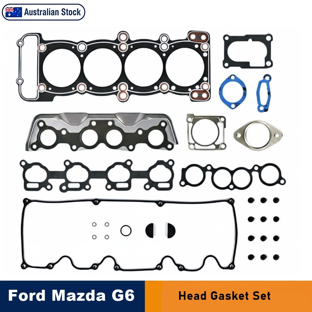 A head gasket set for Ford and Mazda G6 engines, displayed as a flat lay of various gasket components on a white background. An 'Australian Stock' badge appears at the top left, and a blue and orange banner at the bottom reads 'Ford Mazda G6 Head Gasket Set'.