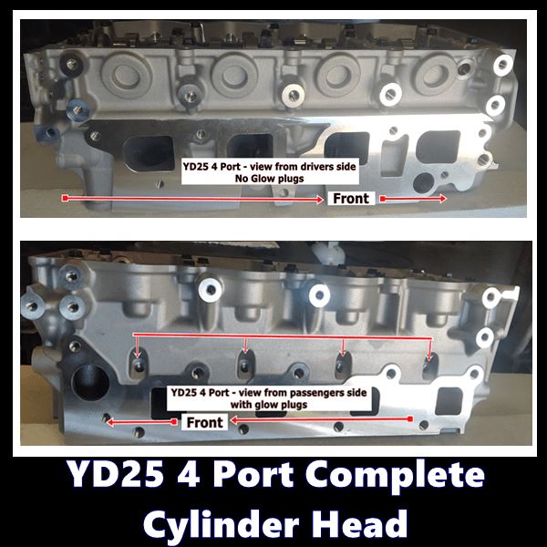 YD25 4 Port complete cylinder head with labeled views and text.