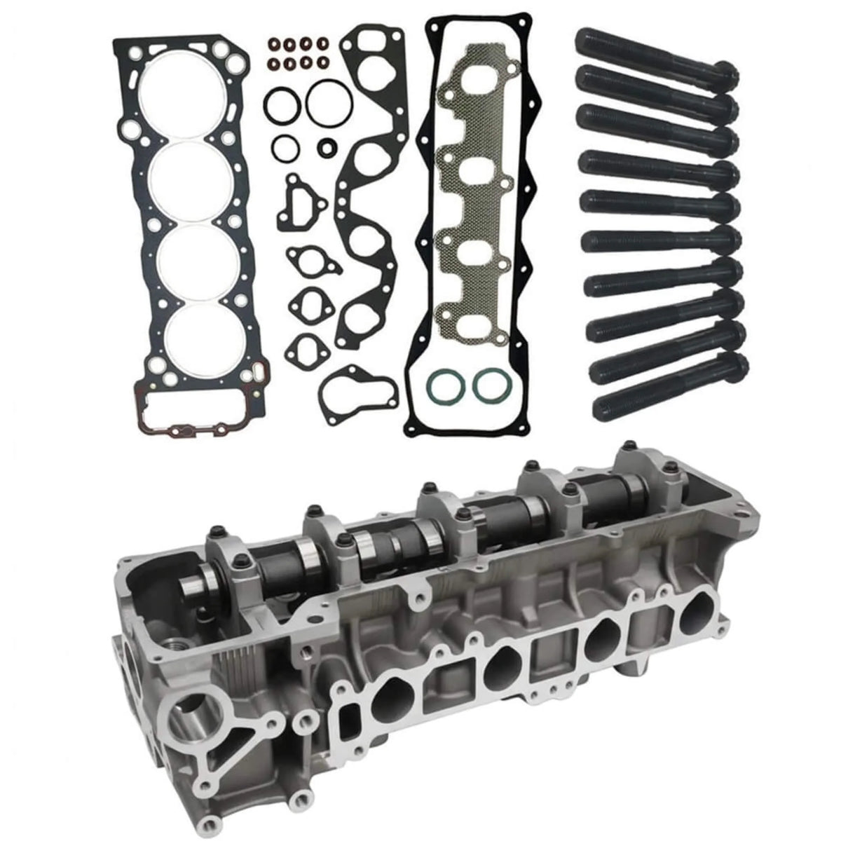 Toyota Hiace 2RZ/2RZ-E 2.4L assembled cylinder head with VRS gasket set and head bolts.
