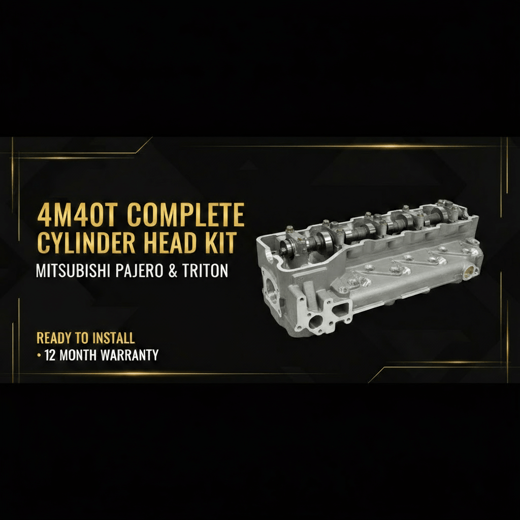 4M40T complete cylinder head kit for Mitsubishi vehicles on a black background with gold text.