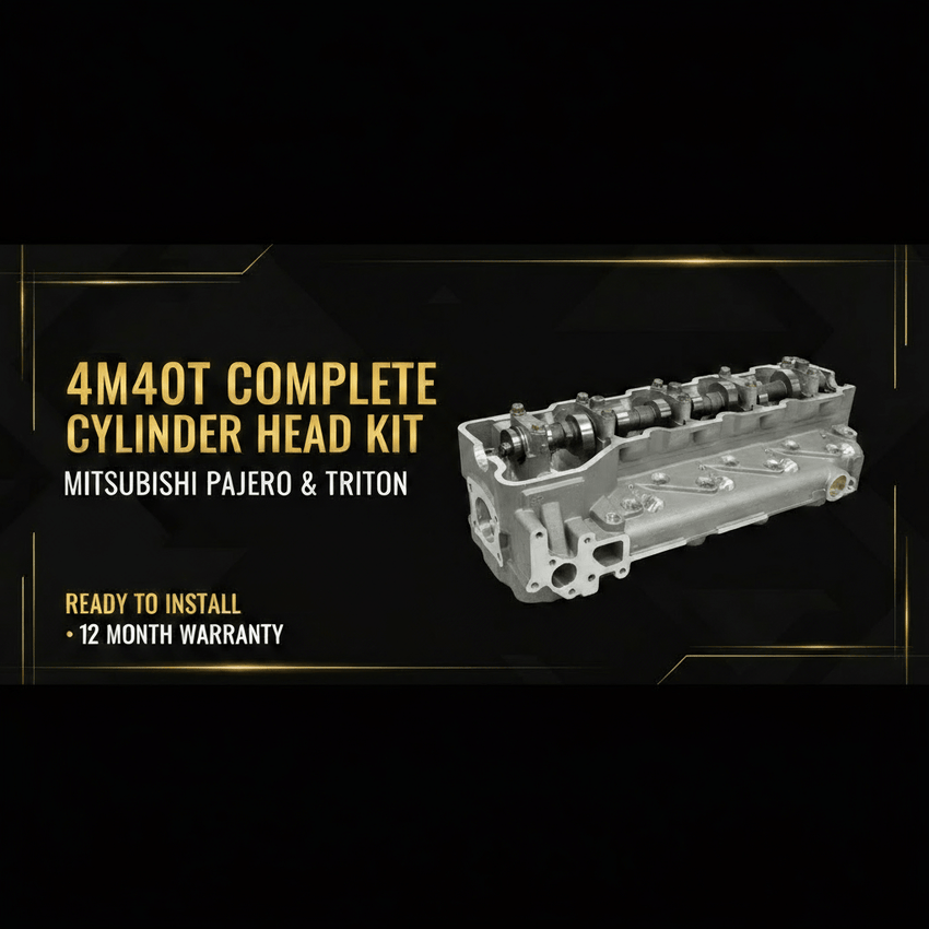 4M40T complete cylinder head kit for Mitsubishi vehicles on a black background with gold text.