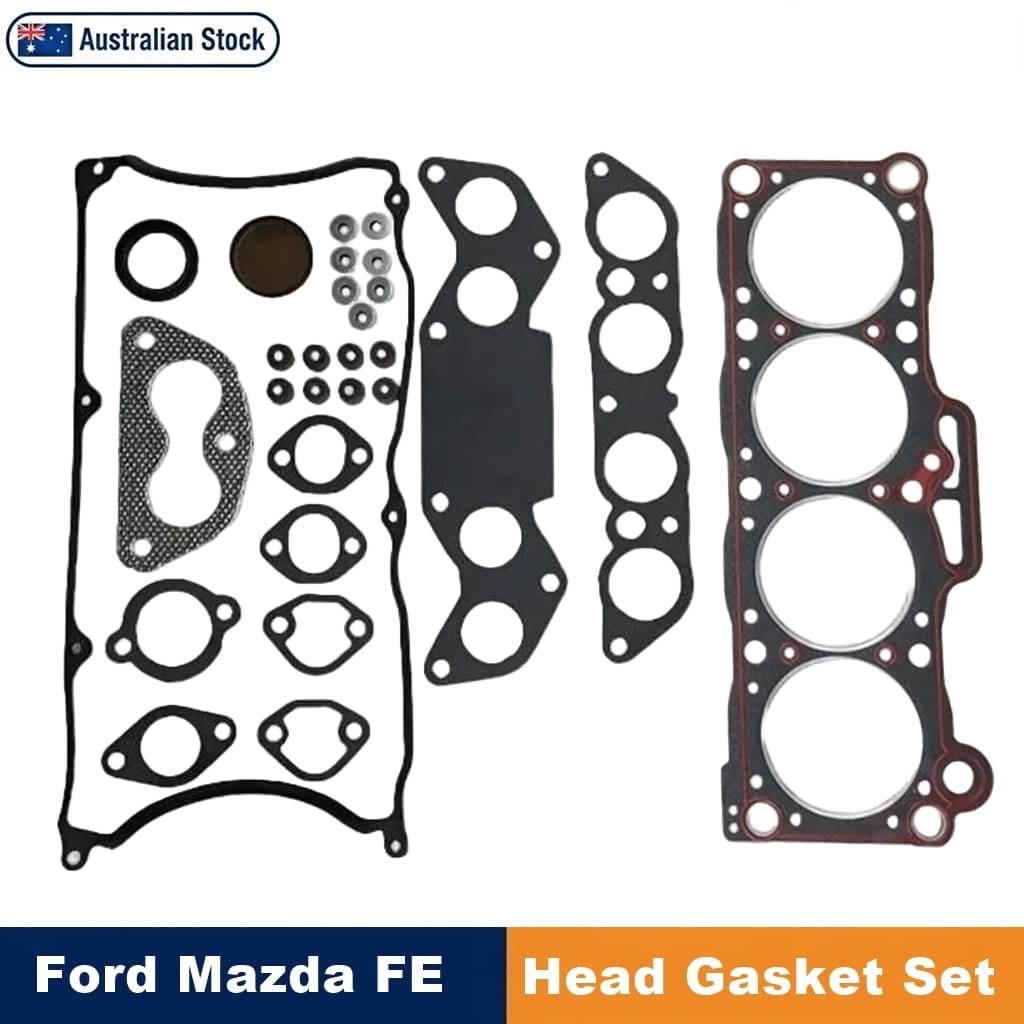 Ford Mazda FE head gasket set displayed on a white background, including a large black gasket, smaller black gaskets, a red gasket, and small metal fasteners. An 'Australian Stock' badge appears at the top left, and a blue and orange banner at the bottom reads 'Ford Mazda FE Head Gasket Set'.