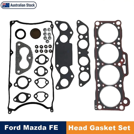 Ford Mazda FE head gasket set displayed on a white background, including a large black gasket, smaller black gaskets, a red gasket, and small metal fasteners. An 'Australian Stock' badge appears at the top left, and a blue and orange banner at the bottom reads 'Ford Mazda FE Head Gasket Set'.