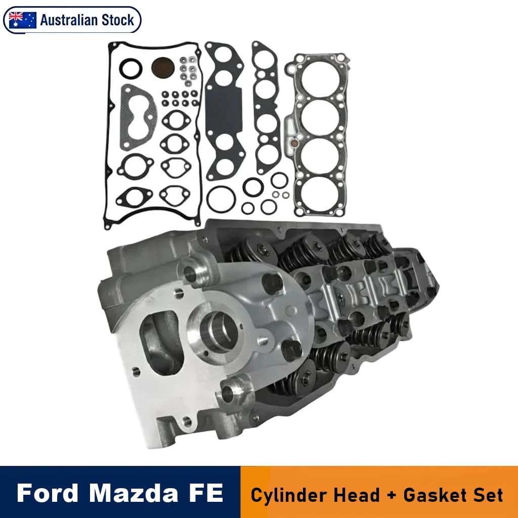 Ford Mazda FE cylinder head and gasket set, featuring a silver aluminium cylinder head with valve springs and a comprehensive set of black gaskets and seals, displayed on a white background with 'Australian Stock' and 'Ford Mazda FE Assembled Cylinder Head' text banners.