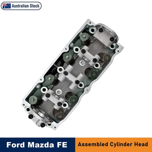 Ford Mazda FE assembled cylinder head valve cover, shown at an angle on a white background with 'Australian Stock' and 'Ford Mazda FE Assembled Cylinder Head' text banners.