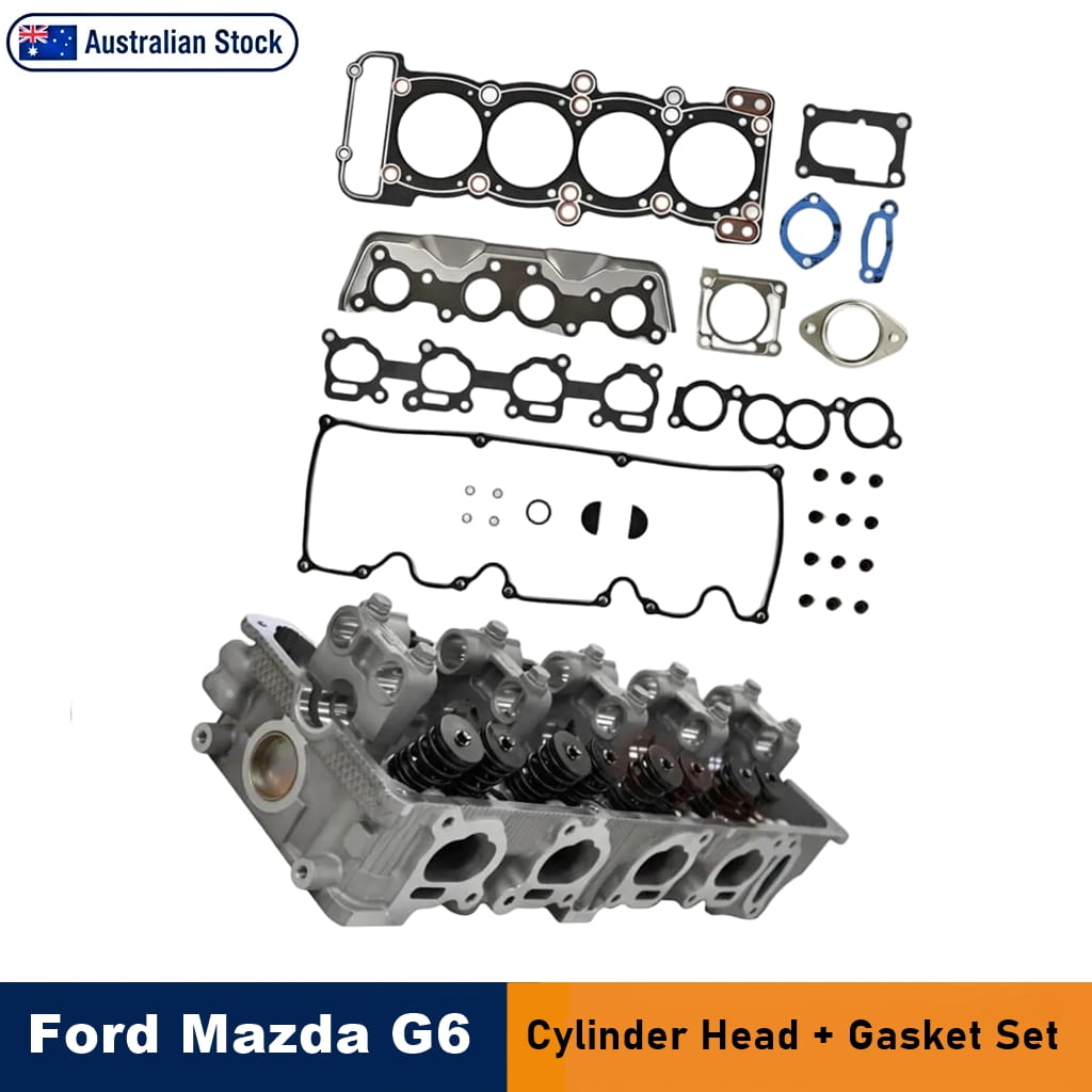 Ford and Mazda G6 cylinder head gasket set shown on a white background, including the metal cylinder head, multiple black gaskets, seals, and small blue hardware pieces. Text at the bottom reads 'Ford Mazda G6 Cylinder Head + Gasket Set' and a 'Australian Stock' badge appears in the top left.