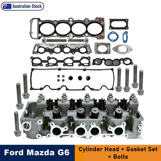 Ford Mazda G6 cylinder head gasket set with engine components, including a silver cylinder head block, black gaskets, seals, springs, and bolts, an 'Australian Stock' badge appears at the top left, and a blue and orange banner at the bottom reads 'Ford Mazda G6 Cylinder Head + Gasket Set + Bolts'.