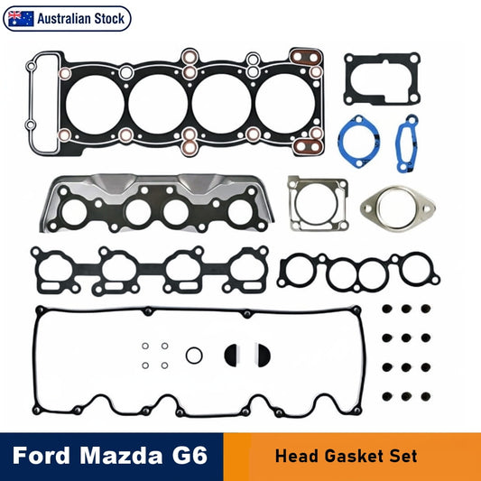 A head gasket set for Ford and Mazda G6 engines, displayed as a flat lay of various gasket components on a white background. An 'Australian Stock' badge appears at the top left, and a blue and orange banner at the bottom reads 'Ford Mazda G6 Head Gasket Set'.
