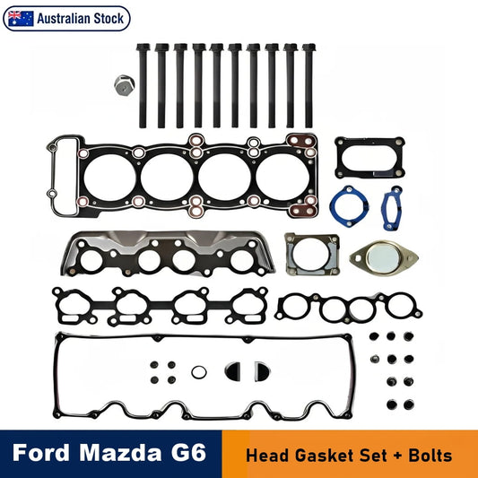 Ford Mazda G6 head gasket set with bolts, laid out on a white background. The kit includes black and silver gaskets, seals, O-rings, and a set of black bolts, with an 'Australian Stock' badge and a blue/orange footer banner.