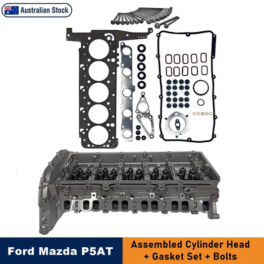 Ford Ranger P5AT complete cylinder head kit with an engine cylinder head block, gaskets, bolts, and seals,an 'Australian Stock' badge appears at the top left, and a blue and orange banner at the bottom reads 'Ford Mazda P5AT Assembled Cylinder Head + Gasket Set + Bolts'.