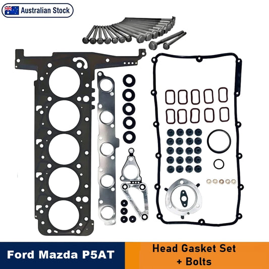 Ford Ranger P5AT head gasket set with included gaskets, seals, washers, and bolts arranged on a white background. An 'Australian Stock' badge appears at the top left, and a blue and orange banner at the bottom reads 'Ford Mazda P5AT Head Gasket Set + Bolts'.