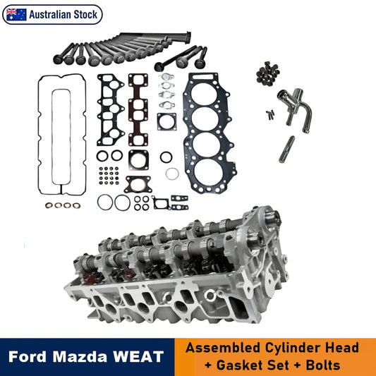 Ford and Mazda WEAT assembled cylinder head kit, complete with a gasket set and bolts. The kit is displayed on a white background and features an "Australian Stock" badge in the top left corner. At the bottom, a blue-and-orange banner reads "Ford Mazda FE Head Gasket Set."
