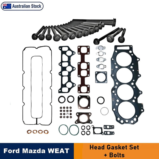 The Ford and Mazda WEAT head gasket set includes a variety of gaskets, seals, O-rings, and bolts, all displayed on a white background. An 'Australian Stock' badge is situated in the top-left corner, while a blue and orange banner at the bottom reads, 'Ford Mazda WEAT Head Gasket Set + Bolts.'
