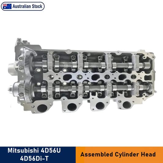 An assembled Mitsubishi 4D56U 4D56Di-T cylinder head features an 'Australian Stock' badge at the top left, and a blue and orange banner at the bottom reads 'Mitsubishi 4D56U 4D56Di-T Assembled Cylinder Head.'