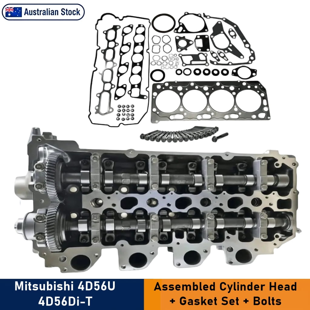 An assembled Mitsubishi 4D56U 4D56Di-T cylinder head features an 'Australian Stock' badge on the top left, with a blue and orange banner at the bottom reading 'Mitsubishi 4D56U 4D56Di-T Assembled Cylinder Head + Gasket Set + Bolts.'