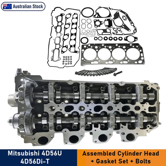 An assembled Mitsubishi 4D56U 4D56Di-T cylinder head features an 'Australian Stock' badge on the top left, with a blue and orange banner at the bottom reading 'Mitsubishi 4D56U 4D56Di-T Assembled Cylinder Head + Gasket Set + Bolts.'