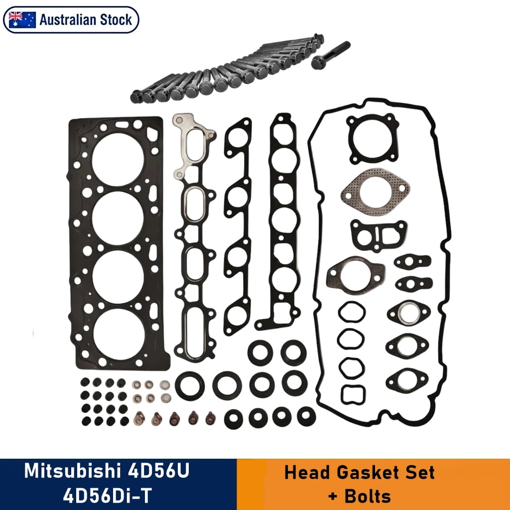 The Mitsubishi 4D56U 4D56Di-T gasket set includes a Grade 3 head gasket, the thickest option available, along with accompanying head bolts. An 'Australian Stock' badge is displayed at the top left, while a blue and orange banner at the bottom reads "Mitsubishi 4D56U 4D56Di-T Head Gasket Set with Bolts."