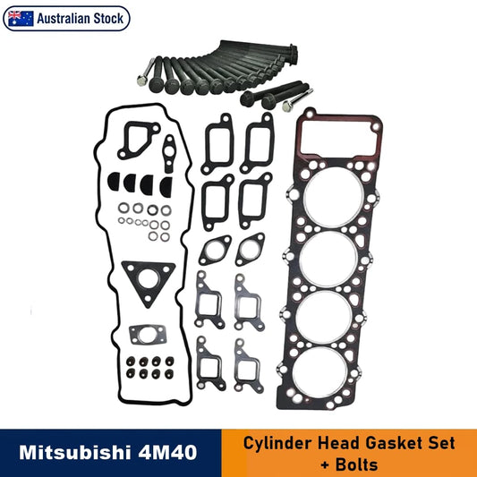 Mitsubishi 4M40 head gasket set with various gaskets, seals, and bolts arranged on a white background. Includes an 'Australian Stock' badge and text overlays indicating 'Mitsubishi 4M40' and '4M40 Head Gasket Set + Bolts'.
