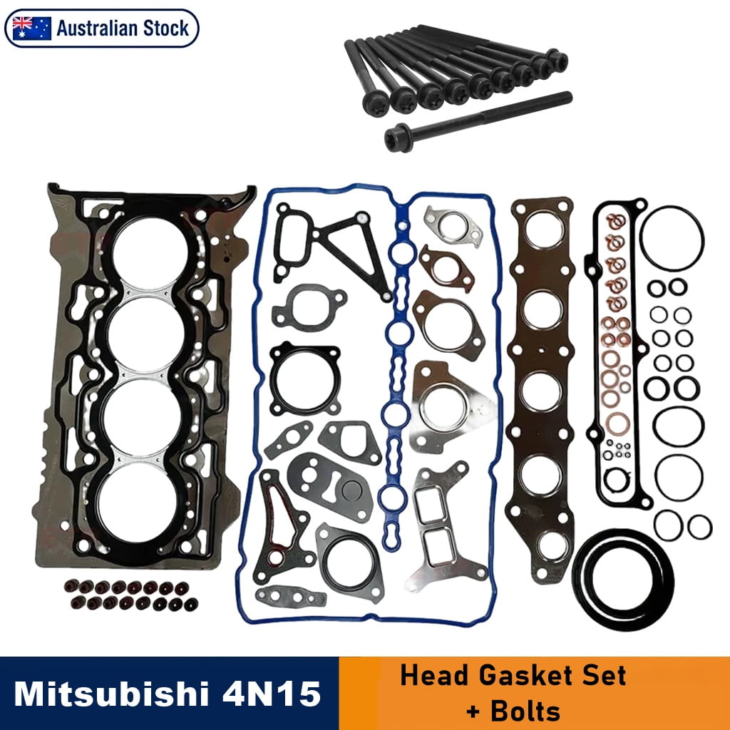 Mitsubishi 4N15 head gasket set with various gaskets, seals, and bolts arranged on a white background, featuring an 'Australian Stock' badge and an orange text banner at the bottom.