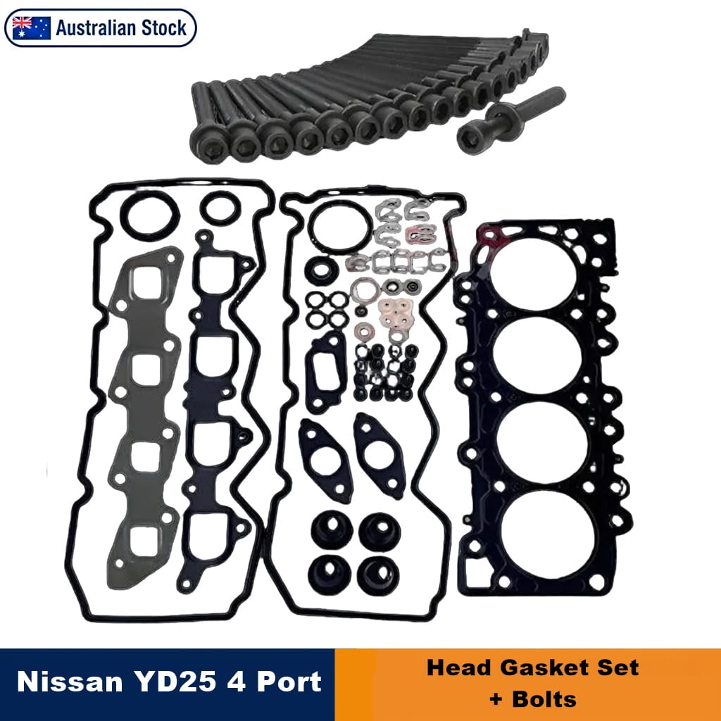 Nissan YD25 4-Port Head Gasket Set with Bolts, displayed on a white background with text overlays. An 'Australian Stock' badge is positioned at the top left, while a blue and orange banner at the bottom reads, "Nissan YD25 4-Port Head Gasket Set + Bolts."