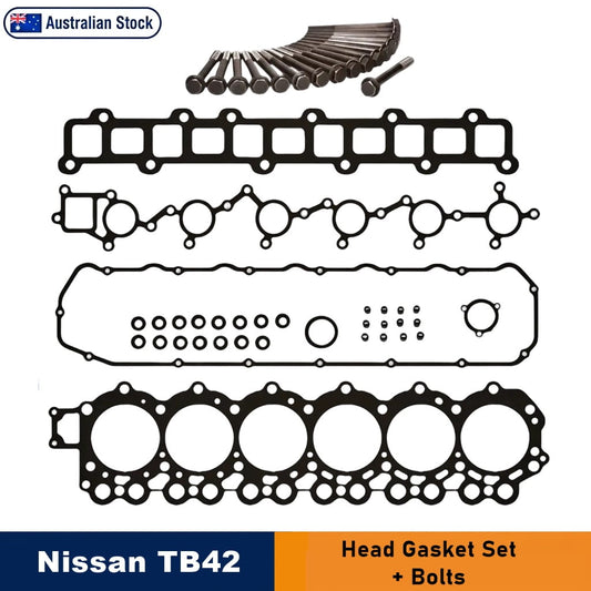 Nissan TB42 head gasket set with various gaskets, seals, and installation bolts arranged on a white background, featuring an 'Australian Stock' badge and a blue and orange Nissan TB42 label.