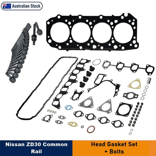 Nissan ZD30 common rail head gasket set with various black gaskets, seals, O-rings, and a set of bolts and nuts, displayed on a white background with text overlays indicating Australian stock.