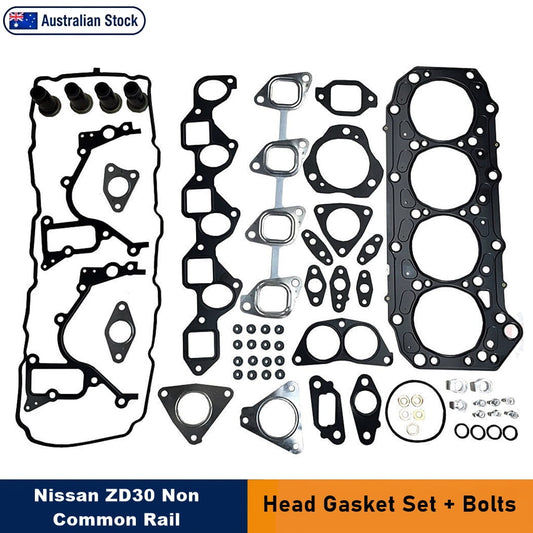 Nissan ZD30 non-common rail head gasket set with bolts. An "Australian Stock" badge sits at the top left, while a blue-and-orange banner at the bottom reads, "Nissan ZD30 Non-Common Rail Head Gasket Set + Bolts."