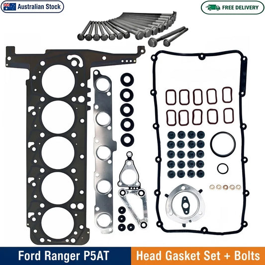 Ford Ranger P5AT head gasket set with included gaskets, seals, washers, and bolts arranged on a white background. Text banners indicate 'Australian Stock', 'Free Delivery', and 'Ford Ranger P5AT Head Gasket Set + Bolts'.
