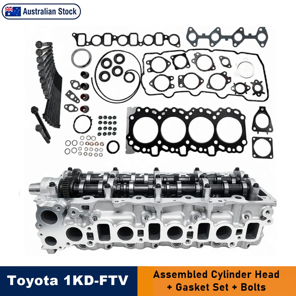 Toyota 1KD-FTV cylinder head assembly kit with gasket set and bolts, shown on a white background with an Australian stock badge and product text banners.