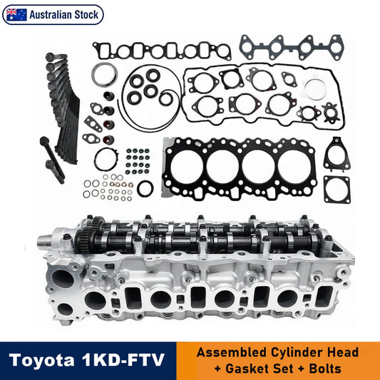 Toyota 1KD-FTV cylinder head assembly kit with gasket set and bolts, shown on a white background with an Australian stock badge and product text banners.