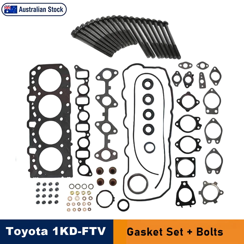 Toyota 1KD-FTV engine gasket set with black bolts, gaskets, and seals arranged on a white background, with 'Australian Stock' and 'Toyota 1KD-FTV Gasket Set + Bolts' text banners.