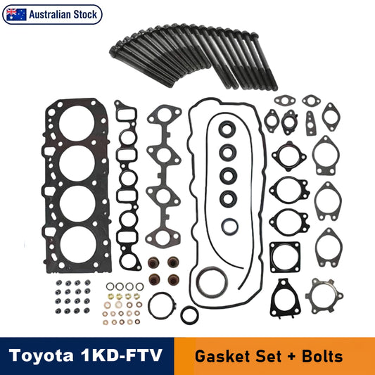 Toyota 1KD-FTV engine gasket set with black bolts, gaskets, and seals arranged on a white background, with 'Australian Stock' and 'Toyota 1KD-FTV Gasket Set + Bolts' text banners.