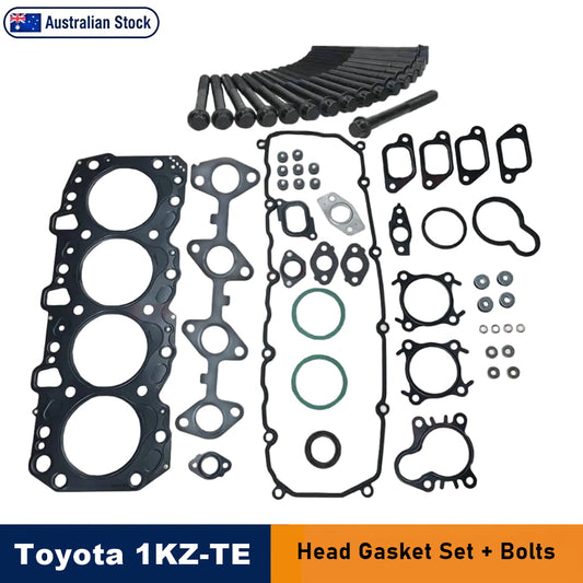 Toyota 1KZ-TE head gasket set with various gaskets, seals, O-rings, and mounting bolts arranged on a white background. Includes an Australian Stock badge and text overlays indicating 'Toyota 1KZ-TE Head Gasket Set + Bolts'.