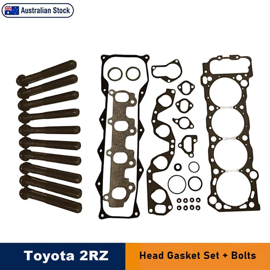 Toyota 2RZ head gasket set with bolts, shown as a multi-piece gasket kit on a white background with a blue 'Australian Stock' badge and a bottom banner reading 'Toyota 2RZ Head Gasket Set + Bolts'.