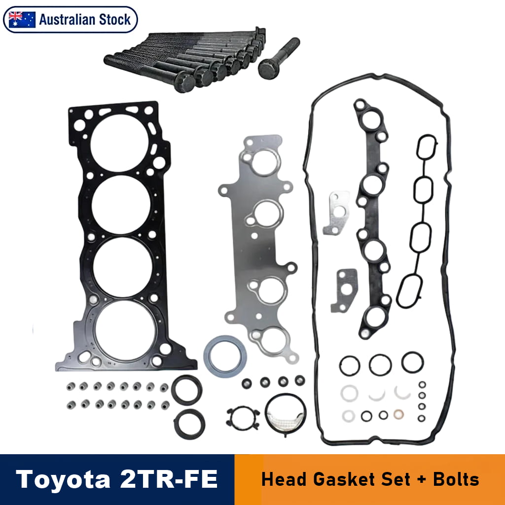 Toyota 2TR-FE head gasket set with various gaskets, seals, O-rings, and bolts arranged on a white background with 'Australian Stock' and 'Toyota 2TR-FE Head Gasket Set + Bolts' text banners.