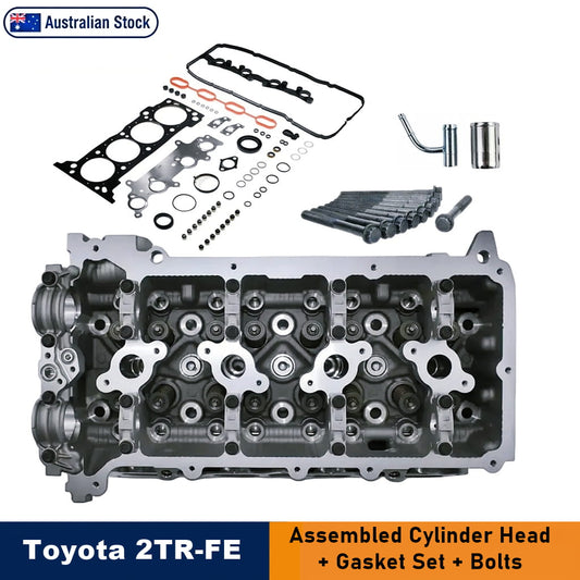 Toyota 2TR-FE assembled cylinder head kit with gasket set and bolts, shown on a white background with an Australian Stock badge and product text overlay.