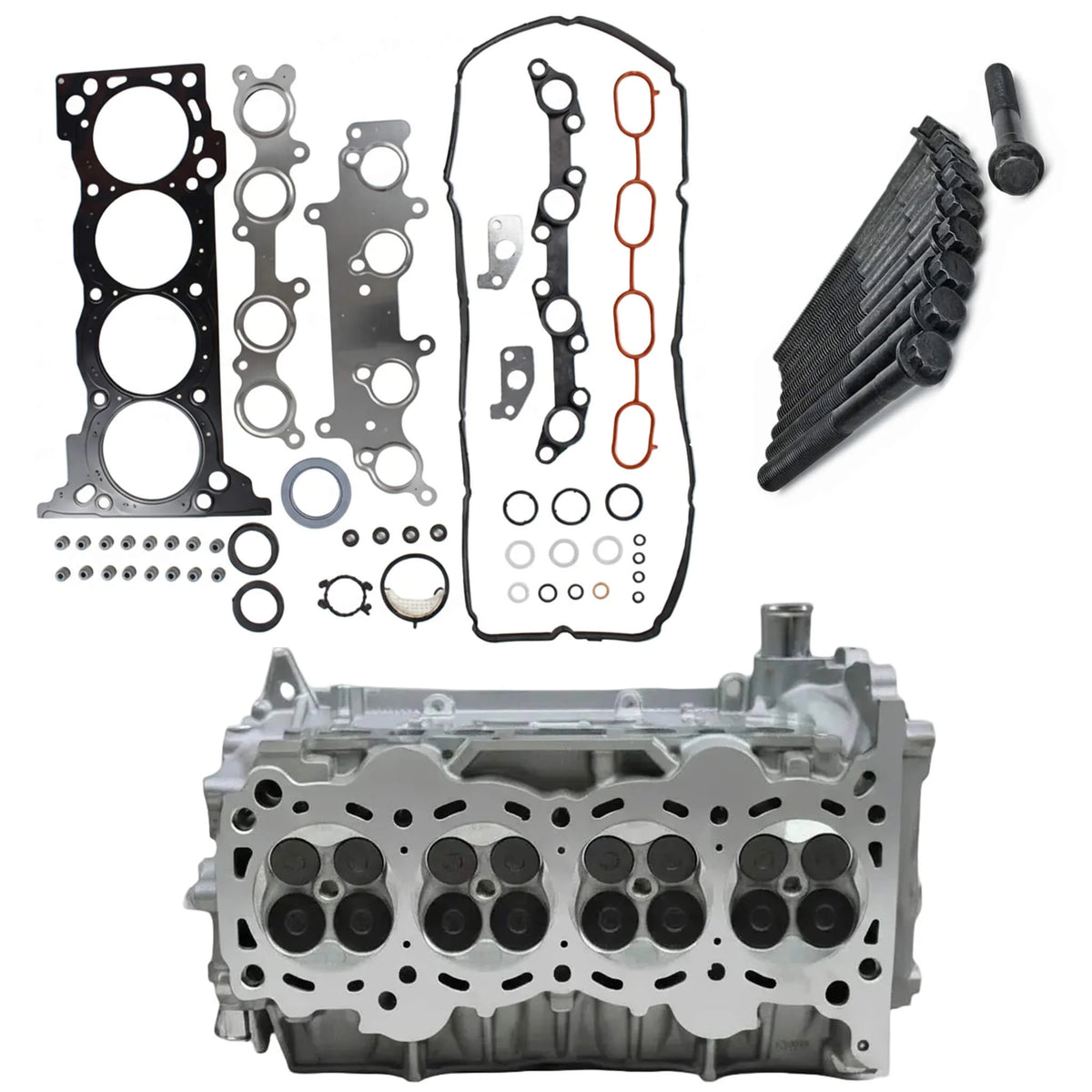 Toyota Hiace Hilux 2TR-FE single VVT-i cylinder head with VRS gasket set and head bolts.